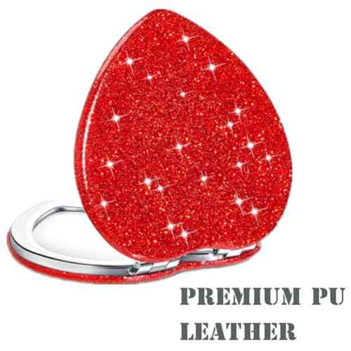 Red Heart Shaped Compact Mirror for Purse,1x/2x Magnification Cute Travel Mirror with Glitter,2.76 inch Double-Sided Mini Folding Mirror,Small Pocket Mirror for Gift,Travel Essentials