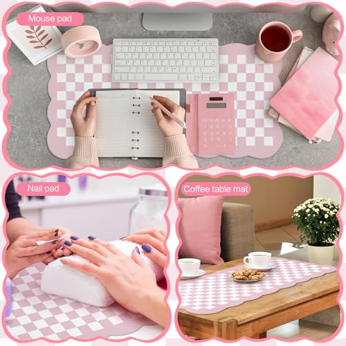 Pink Checkered Makeup Mat 31.5x15.7 Dual-Sided Vanity Pad