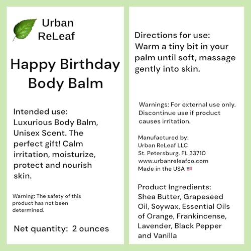 Urban ReLeaf Happy Birthday Body Balm! Fresh Citrus Spice Natural Shea Butter & Essential Oils, Thoughtful Gift! Gender Neutral Unisex Scent, Deeply Moisturizing. Special Present