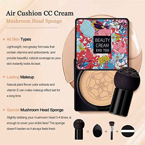 NUIBO Air Cushion CC Cream Mushroom Head, Moisturizing Concealer Makeup Base, Primer Liquid Foundation Long Lasting with Two Mushroom Makeup Sponges ¡¼Natural¡½