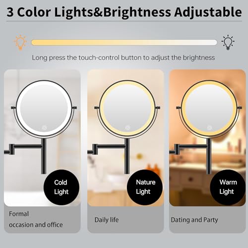 8" Wall Mounted Makeup Mirror with Handle, 3 Color Lights Dimmable and 1X/10X Magnification, Rechargeable Bathroom Wall Mount Magnifying Mirror with Extension Arm Height Adjustable Black