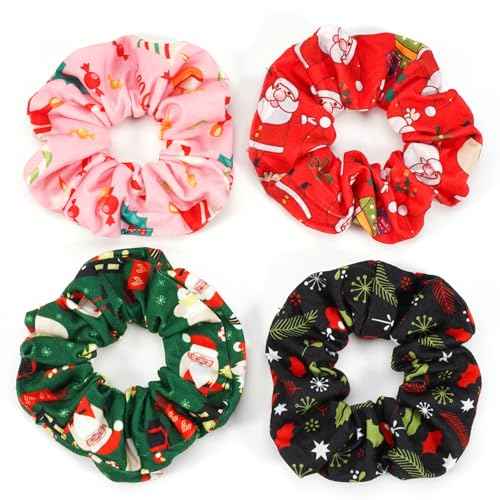 Christmas Hair Scrunchies for Women Girls Green Pink Santa Claus Snowman Bell Snowflake Hair Ties Xmas Cute Elastic Scrunchy Ponytail Holder Hair Accessories Christams Gifts