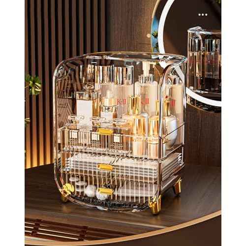 Makeup Organizer, Large Capacity Cosmetics Makeup Organizer for Vanity, Dustproof Waterproof Cosmetics Display Case with Drawers for Skincare, Lipstick, Brushes and Jewelry (Clear)