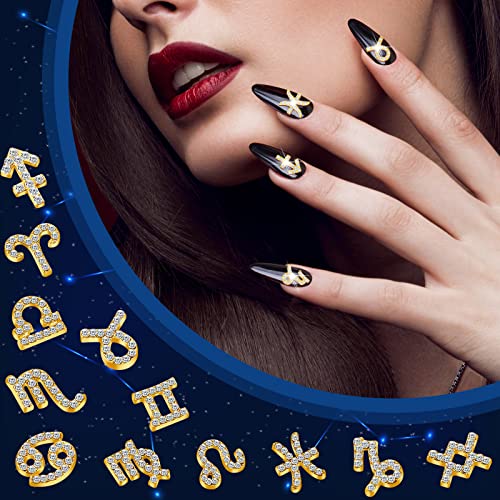 24 Pieces Zodiac Nail Charms 3d Nail Art Charms Rhinestone Zodiac Nail Charms DIY Pendant for Jewelry Making Nail Decorations Necklaces Supplies (Gold)