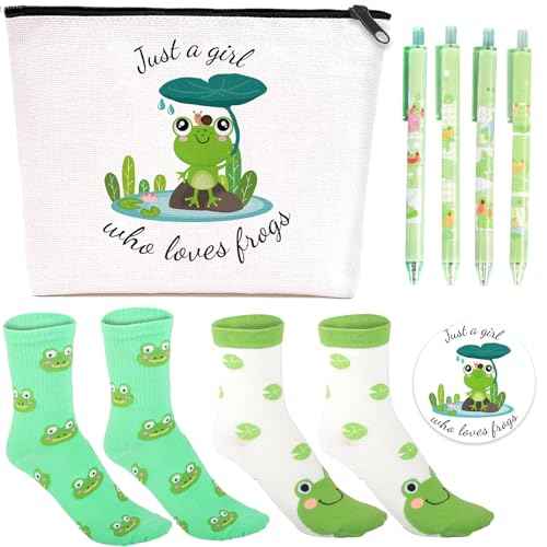 Frog Gifts for Frog Lovers, Includes Makeup Bag, Cute Socks, Frogs Writing Gel Ink Pen & Mini Round Mirror, Just Who Loves Frogs, Birthday Gift for Women