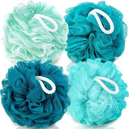 Loofah for Women 75g 4 Pack, Bath Sponge Soft Mesh Shower Puff Loofah Sponge, Exfoliating Body Scrubber, lufas for Women, Shower Accessories (Blue)