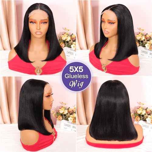Wear and Go Glueless Bob Wig Human Hair 200% Density 5x5 HD Lace Closure Wigs For Black Women Glueless 5x5 Closure Wigs Human Hair Pre Plucked Bob Black Color 14 Inch