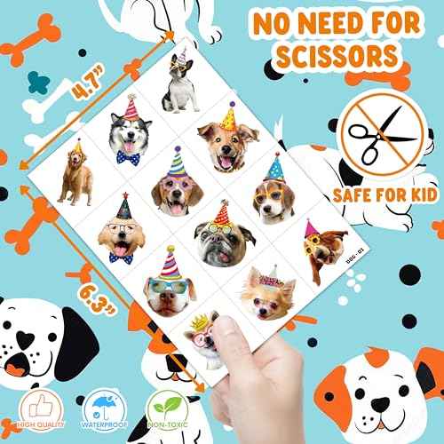 96 PCS Dog Pet Pre-Cut Temporary Tattoos for Kids | Super Cute First Themed Birthday Party Favors, Supplies, Decorations, Animal Fake Tattoo Stickers (Multiple)