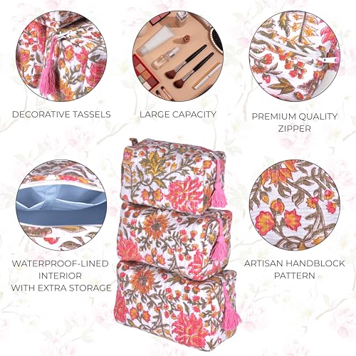 Quilted Floral Block Print Makeup Bag Set of 3 ? Cotton Travel Toiletry and Makeup Organizer, Cosmetic Pouch, Toiletry Bag for Women, Cute Boho Coquette Make Up Bags for Women (Small, Medium, Large)