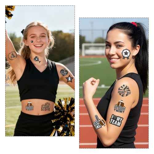 Gameza Black Team Spirit Tattoos - 144PCS Football Black Spirit Week Party Favors Supplies, Glitter Football Team Temporary Tattoo Stickers for School Cheerleading Sport Games Accessories Rewards