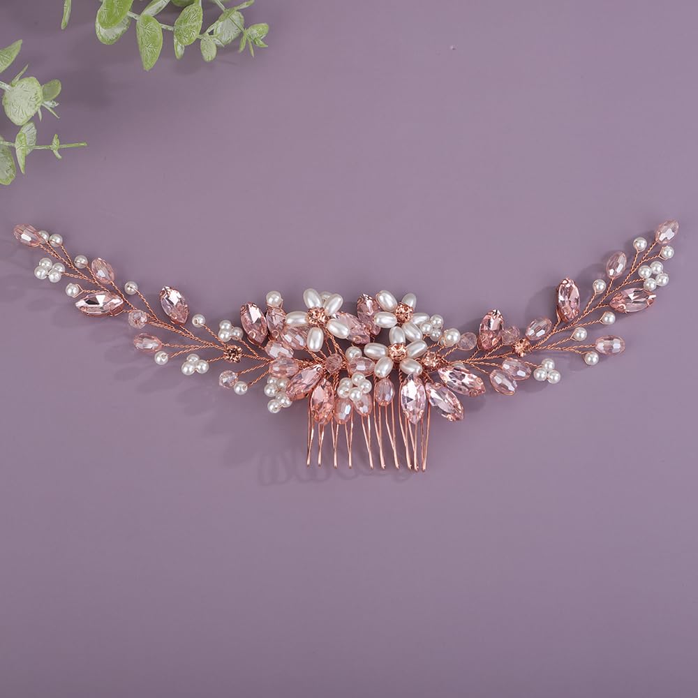 Rumtock Pink Crystal Rose Gold Hair Piece for Wedding Brides Women Girls Banquet Handmade Boho Hair Accessories Side Combs for Special Occasion (Pink)