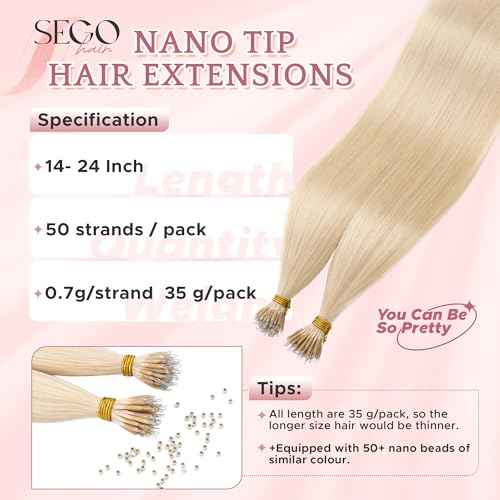 SEGO Nano Tip Hair Extensions Human Hair, Nano Beads Balayage Seamless Highlight Pre-bonded Extensions for Women, 0.7g/strand, 50 strands 35g/pack -24 Inch#60R Platinum Blonde