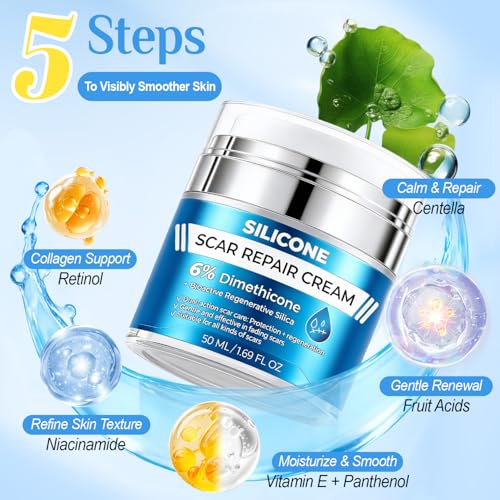 Scar Cream 6% Dimethicone Silicone Cream for Scars, Advanced Scar Removal Cream for Surgical, C-Section, Acne, Keloids, Burns, Old & New Scars, with Scar Tape, 1.69 fl.oz + 1.5m