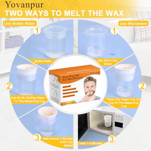 120g Nose Wax Kit for Men Women, Yovanpur Nose Hair Waxing Kit with More Nose Hair Wax Beads (20-30 USES), 30 Applicator, 15 Mustache Protector, 15 Paper Cups, 1 Measuring Cup - Easy and Quick