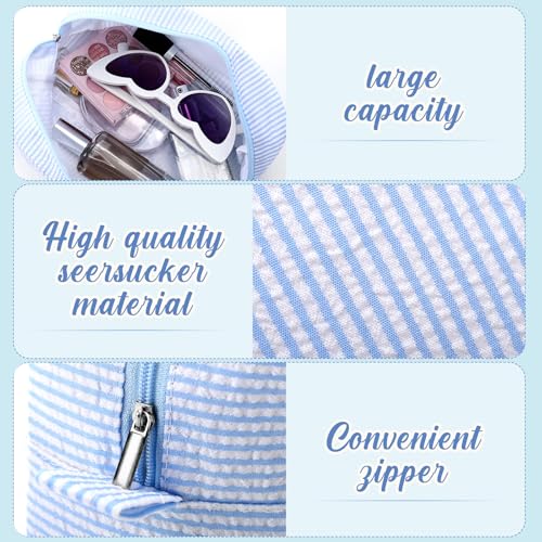 Sanwuta 9 Seersucker Cosmetic Bag Bulk Pinstripe Makeup Bag for Women Aesthetic Cute Travel Toiletry Organizer Preppy Storage Pouch for Wedding Bridesmaid Christmas Gift (Large,Blue)
