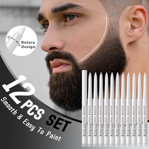Noerrors 12Pcs White Barber Pencil Set for Lineup Magic Hairline Pencils Beard Guide Pen Barber Chalk for Beard Hair Design Rotatable Retractable Edge Hair Trace Shaping Makeup Tool for Men