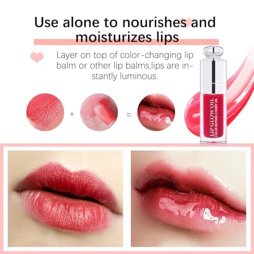 Plumping Lip Oil,Hydrating Gloss Tinted Lip Balm Transparent Lip Care,Big Brush Head Glitter Shine,Long Lasting Nourishing Non-sticky Fresh Textureand Dry Lips Lip Care Products0.2 OZ(008# SAKURA)