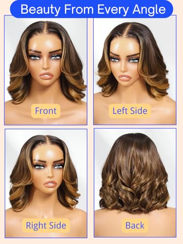Ombre Brown Wavy Bob Wig 14 Inch with Blonde Face Framing Highlights Nadula 7x5 HD Lace Drawstring Human Hair — Pre-Plucked, Glueless, No Slip, Ready to Wear