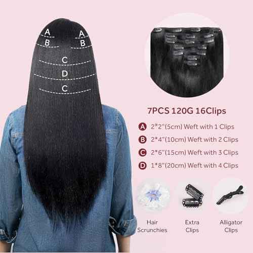 Clip in Hair Extensions Real Human Hair, Jet Black 100% Human Hair Extensions Clip in, Tangle-free Silky Straight Hair Extensions for Women, #1 16Inch 120G 7PCS