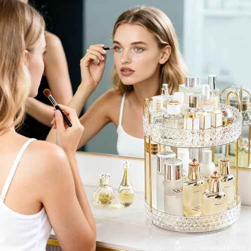 Rotating Makeup Organizer for Vanity, 2 Tier Perfume Skincare Storage for Women, Bathroom Counter Organizer, 360 Spinning Cosmetic Holder for Dresser Countertop, Clear