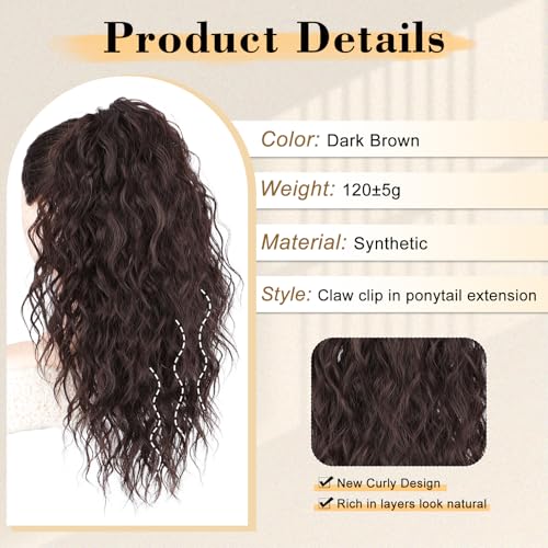 Brown Curly Ponytail Extension 18" Claw Clip Synthetic Hair
