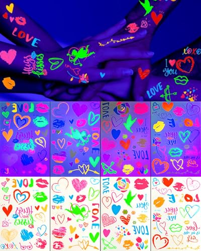 Glow in the Dark Temporary Tattoos, 8 Sheets 120+ Neon Designs
