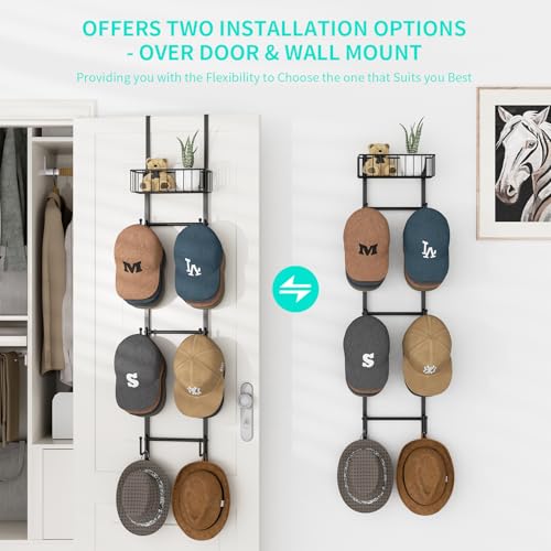 Over Door Hat Rack with 6 Hooks & Basket - Holds 32+ Caps