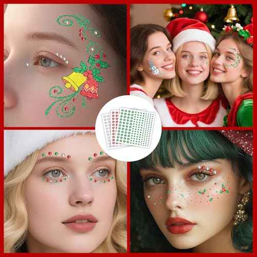 EMOME Christmas Decorations, Christmas Glitter Faux Freckles Face Tattoos with Red Green White Face Gems, Christmas Face Paint Makeup Kit for Women, Kids, Party Favors, Xmas Stocking Stuffers