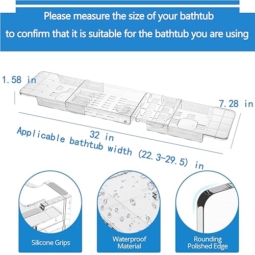 Expandable Bathtub Tray, Clear Anti-Slip Bath Caddy Fits up to 29.5"