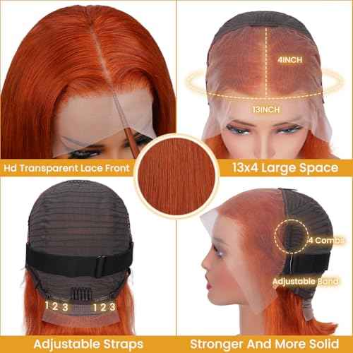 Ginger Wig Human Hair 13x4 HD Lace Front Bob Wigs 180% Density Lace Frontal Glueless Wigs Human Hair Pre Plucked Bob Wig 14 Inch Ginger Orange Short Straight Bob Wigs For Black Women