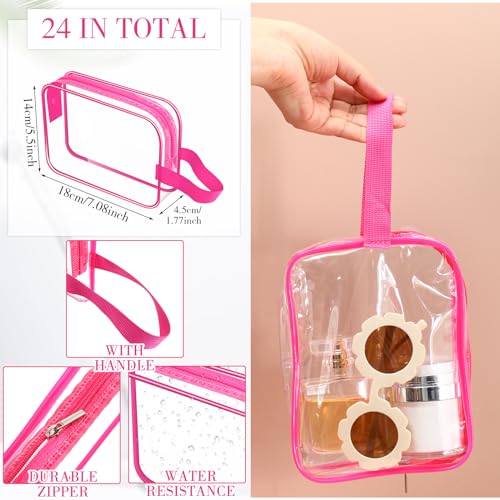 Silkfly Clear Toiletry Bag PVC Travel Cosmetic Bag with Handle Strap Makeup Pouch with Zipper Summer Vacation Salon Graduation Gift End of the Year Gifts(Rose Pink,24 Pack)