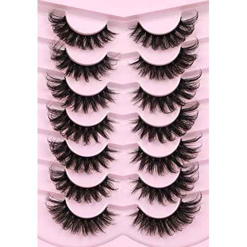 Mink Lashes Fluffy 6D False Eyelashes 17mm Wispy Cat Eye Lashes that Look Like Extensions Strip Lashes Pack
