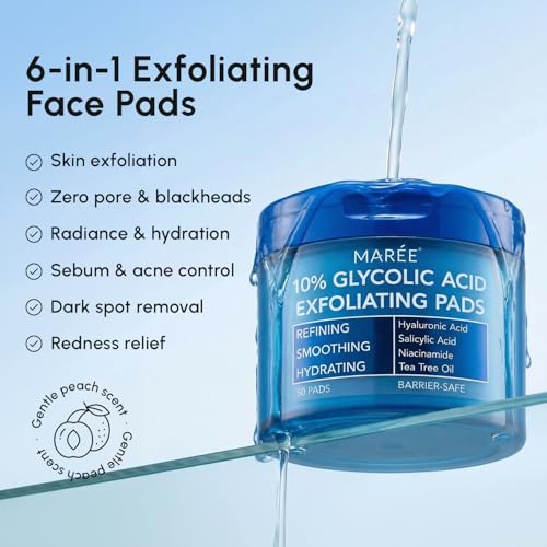 MAREE Glycolic Acid Resurfacing Pads - Toner Pads for Face Cleansing - Exfoliating Pads with Tea Tree Oil, Salicylic Acid & Vitamins E, B3, B5 - Facial Peel for Pore Resurfacing & Radiance - 50 Count