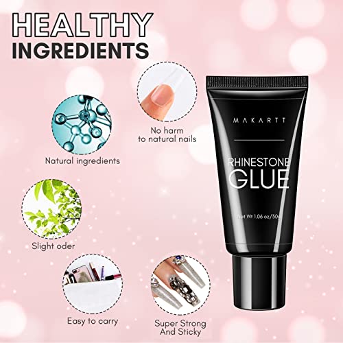 Makartt Nail Tips Nail Glue with Nail Rhinestone Glue Gel Bundle, 40PCS Nail Glue for Acrylic False Nail Tips, Super Strong Gem Glue Gel 1.06oz Nail Lamp Needed for Nail Glitter Jewels Crystals
