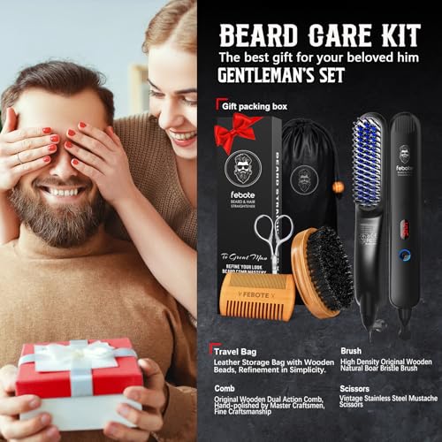 Innovation Beard&Hair Straightener for Men w/Natural Boar Bristle Brush, Pear Wood Comb, Mustache Scissors and Travel Bag, Professional Beard Care Set for Him, Men's Fashion and Grooming Gifts