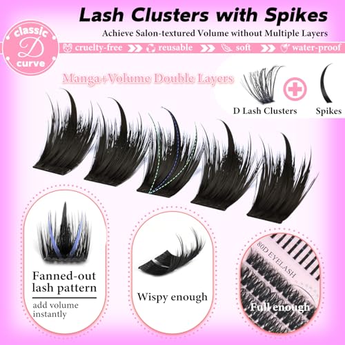 Lash Clusters with Spikes, 100D+120D Eyelash Clusters Extensions Individual D Curl Fluffy Wispy False Eyelashes DlY Manga Lashes Extension (12-22mm, Lash Clusters)