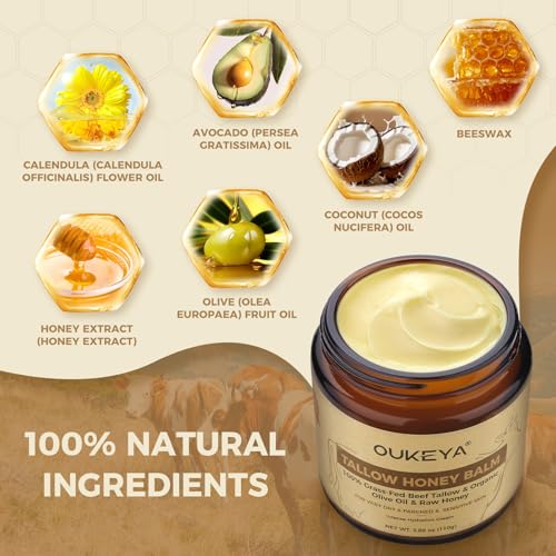 OUKEYA Tallow & Honey Face Moisturizer - Eczema Cream for Sensitive Skin & Extremely Dry, Grass-Fed Beef Tallow Skincare Balm with Organic Honey 3.88oz 110g