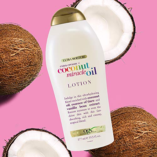 OGX Extra Creamy + Coconut Miracle Oil Ultra Moisture Body Lotion with Vanilla Bean, Fast-Absorbing Lotion for All Skin Types, Paraben-Free and Sulfated-Surfactants Free, 19.5 fl oz