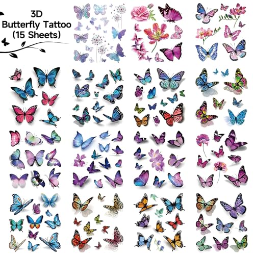 Cerlaza 3D Butterfly Tattoos Temporary, 120 Styles Butterfly Tattoos Stickers for Women and Girls, Realistic Semi Permanent Fake Tattoo for Adults, Butterflies Party Decorations