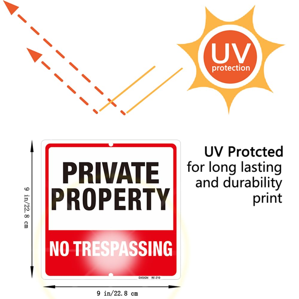 Robust Aluminum Private Property No Trespassing Signs - 9x9 inch, 40 Mil Thick, UV Ink Printed, Weatherproof, 4-Pack for Outdoor Use, Red and White, Outdoor Yard Sign for Home and Front Door