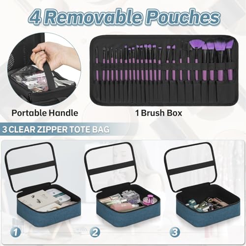 Extra Large Makeup Case with 4 Removable Pouches, Professional Make up Train Case,Travel Cosmetic Bag for Makeup Artist with Shoulder Strap and Handle £¨Blue£©£¨Bag only£©