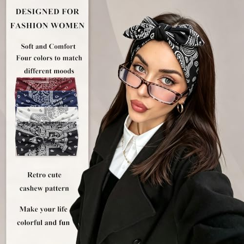 FULZTEY Wide Bow Headbands for Women - 4PC Paisley Print Set