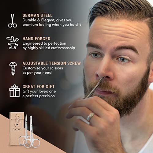 Ontaki Curved & Rounded Facial Hair Scissors - Silver, Ambidextrous - Precision Curved Mustache Trimming Scissors - Versatile Beard Nose Trimmer - Professional Alloy Steel Mustache Grooming