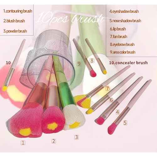 Beautiful Makeup Brush Set for Girls, 10pcs Kawaii Fan Cute Daisy Flower Red Makeup Brushes Kit of Powder Blush Eye Shadow Brush for Teens Women Girls