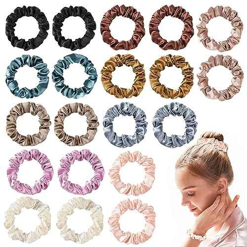 Hair Ties Satin Silk Small Scrunchies for Women Girls Ponytail Holders 20 Pcs Mini Bulk Scrunchies Elastic Hair Bands for Thick Curly Hair Pony Tails Hair Ties