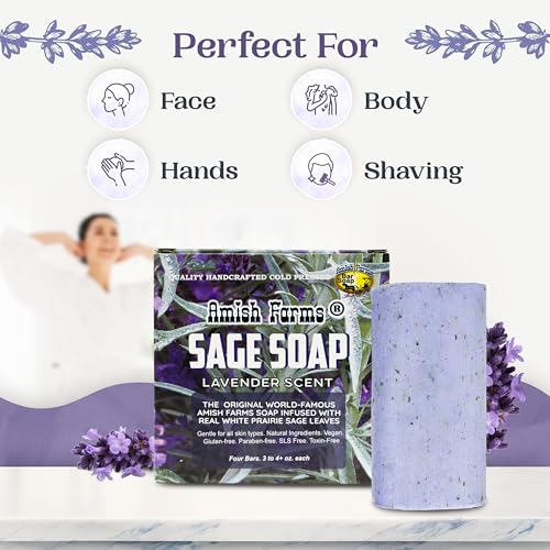 Amish Farms Sage Soap Bar, Original Recipe with Bentonite Clay, Lavender Scent ? Handmade in USA, Face & Body Soap Scrub, No Parabens, No SLS, Gentle for Sensitive Skin (4 Bars)