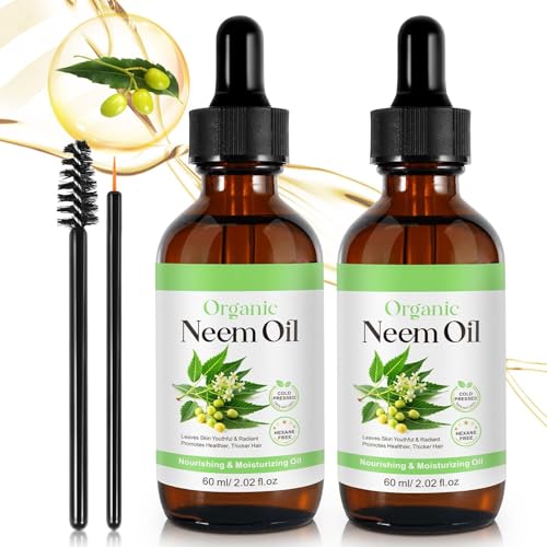 Organic Neem Oil for Skin Hair - Leaves Skin Youthful & Radiant, Promotes Healthier Thicker Hair - Neem Oil for Plants - 100% Natural, Cold Pressed, Hexane Free - 2PCS, 120ml