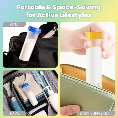 Protein Powder Travel Container Set 12 Pack ? 8x50ml & 4x100ml Leak Proof Reusable Supplement Powder Container to Go with Funnel & Labels, Portable Gym Protein Storage for Fitness, Work, Travel