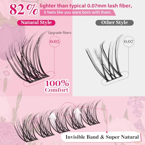 PROLASHBEAUTY Natural Lash Clusters Wispy Lashes Invisible Band Eyelash Clusters CC Curl Individual Lashes Natural Look Lashes Clusters with Super Thin Band Reusable Soft & Comfortable (Nira,8-16mix)