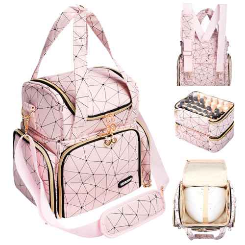 Nail Polish Organizer Bag - PU Leather Shoulder Storage with 2 Removable Cases and Nail Lamp, Holds 70 Bottles - Portable Travel Backpack for Nail Tech Supplies (Pink)